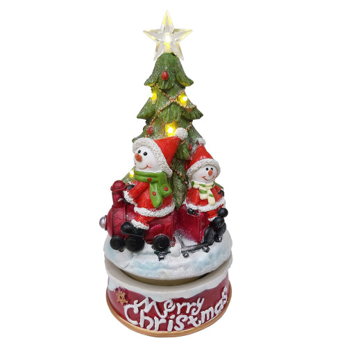 Новогодняя музыкальная фигурка из керамики с подсветкой "Снеговики на паровозике под елкой" №161616