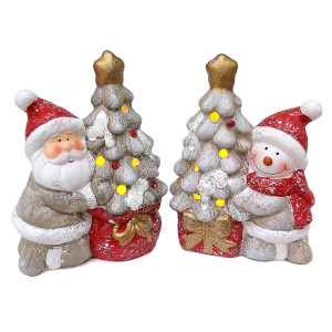 Новогодняя фигурка из керамики с подсветкой "Дед Мороз и Снеговик с елкой" №BA2408B