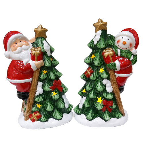 Новогодняя фигурка из керамики с подсветкой "Дед Мороз и Снеговик на ёлке" №YJ2403