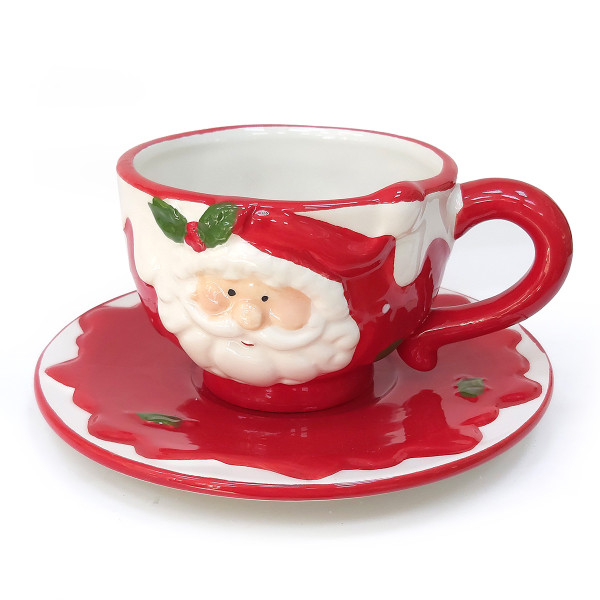 Новогодняя чашка с блюдцем из керамики "Дед Мороз и Снеговик" №B3006 Новогодняя чашка с блюдцем из керамики "Дед Мороз и Снеговик" №B3006