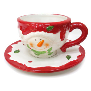 Новогодняя чашка с блюдцем из керамики "Дед Мороз и Снеговик" №B3006