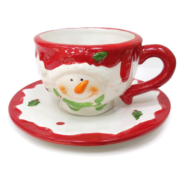 Новогодняя чашка с блюдцем из керамики "Дед Мороз и Снеговик" №B3006