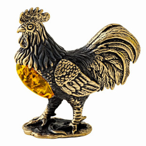 Фигурка из бронзы и янтаря "Петух на подставке" №1256-1B