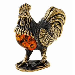 Фигурка из бронзы и янтаря "Петух на подставке" №1256-1K
