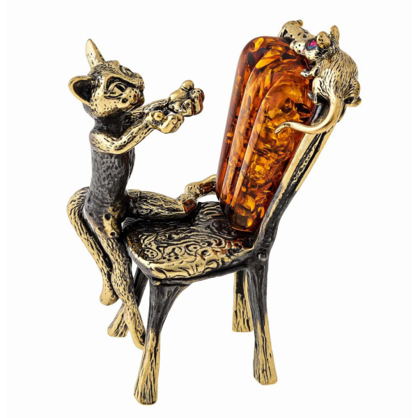 Фигурка из бронзы и янтаря "Кот на стуле ловит мышку" №1442K Фигурка из бронзы и янтаря "Кот на стуле ловит мышку" №1442K