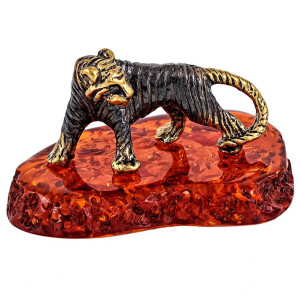 Фигурка из бронзы и янтаря "Тигр на подставке" №159K