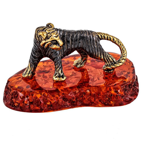 Фигурка из бронзы и янтаря "Тигр на подставке" №159K