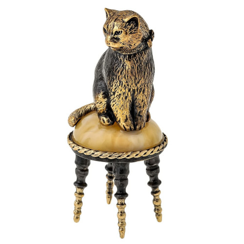 Фигурка из бронзы и янтаря "Кот с бантиком на пуфике" №1643B