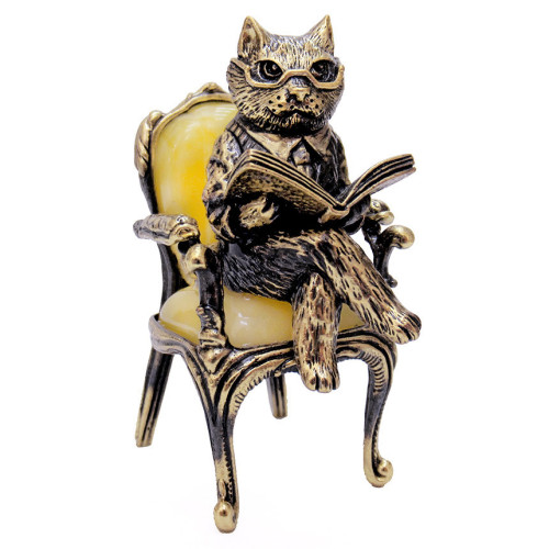 Фигурка из бронзы и янтаря "Кот на стуле" №1730B