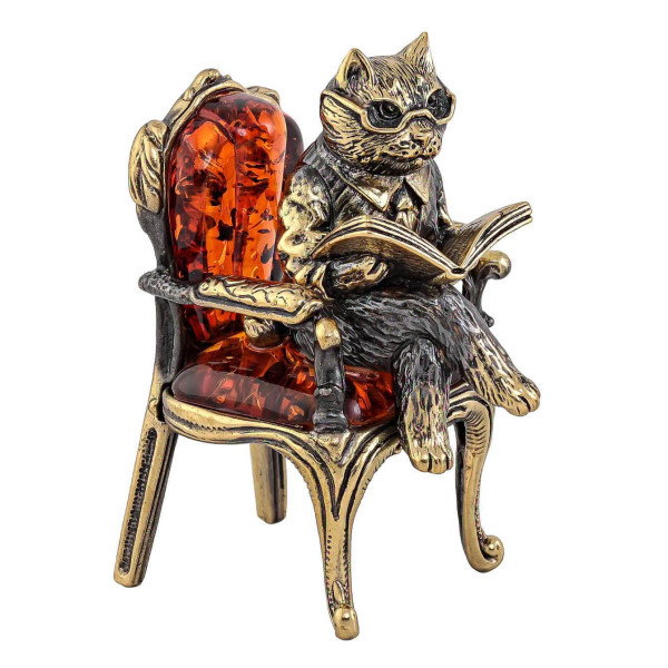 Фигурка из бронзы и янтаря "Кот на стуле" №1730K Фигурка из бронзы и янтаря "Кот на стуле" №1730K