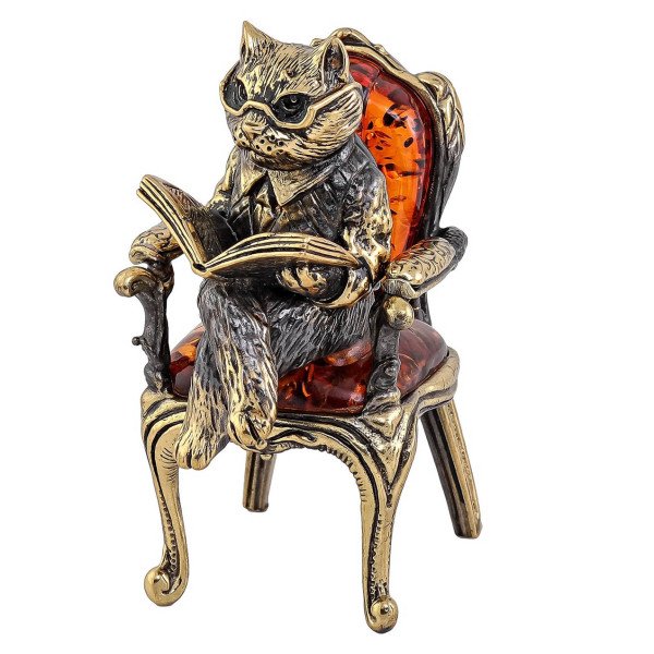 Фигурка из бронзы и янтаря "Кот на стуле" №1730K