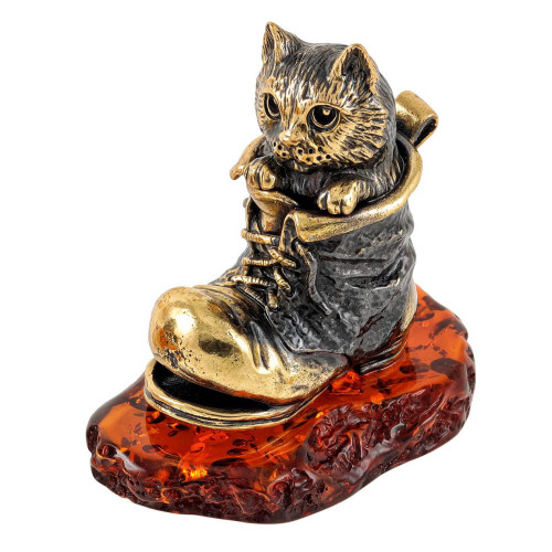 Фигурка из бронзы и янтаря "Котик в башмаке" №1876K