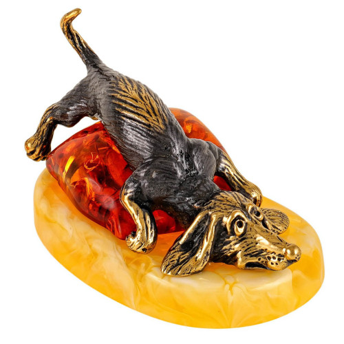 Фигурка из бронзы и янтаря "Собака Такса ленивая" №2278B