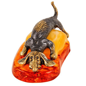 Фигурка из бронзы и янтаря "Собака Такса ленивая" №2278K