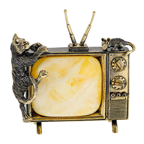 Фигурка из бронзы и янтаря "Кот на телевизоре ловит мышку" №2546B