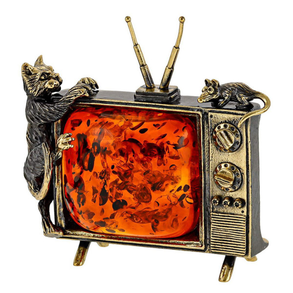 Фигурка из бронзы и янтаря "Кот на телевизоре ловит мышку" №2546K Фигурка из бронзы и янтаря "Кот на телевизоре ловит мышку" №2546K