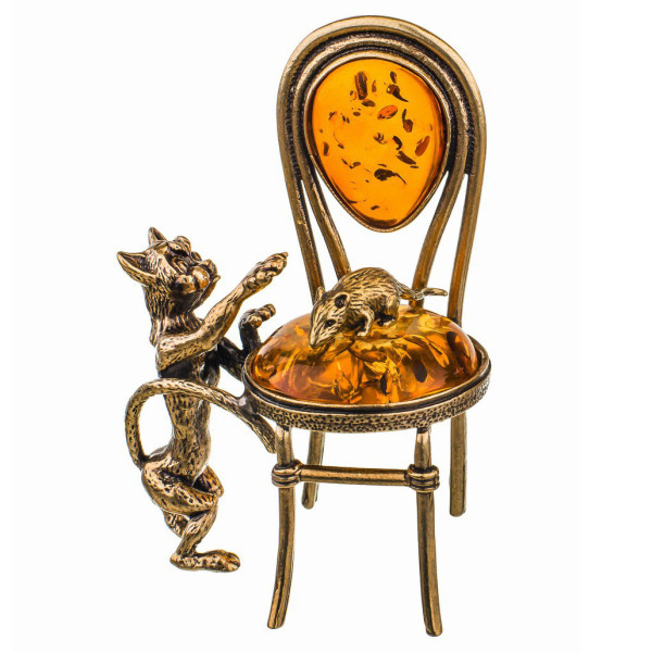 Фигурка из бронзы и янтаря "Кот и мышка на стуле" №635K Фигурка из бронзы и янтаря "Кот и мышка на стуле" №635K