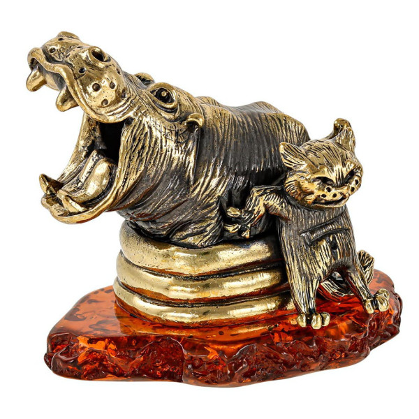 Фигурка из бронзы и янтаря "Бегемот и Кот Держись" №2836K Фигурка из бронзы и янтаря "Бегемот и Кот Держись" №2836K