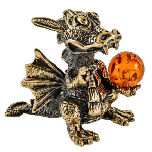 Фигурка из бронзы и янтаря "Дракон с подарком" №149-5K