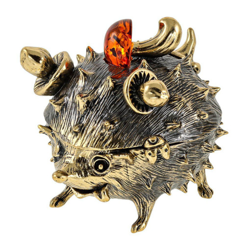 Фигурка-шкатулка из бронзы и янтаря "Ежик счастье" №2807K