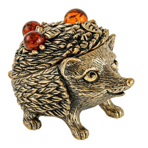 Фигурка-шкатулка из бронзы и янтаря "Ежик Удача" №3006K
