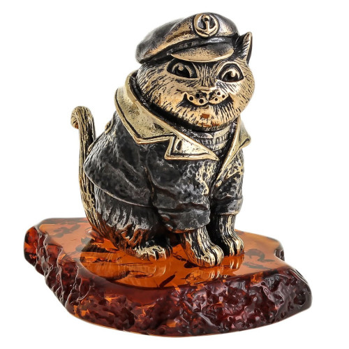 Фигурка из бронзы и янтаря "Кот Капитан" №1703K