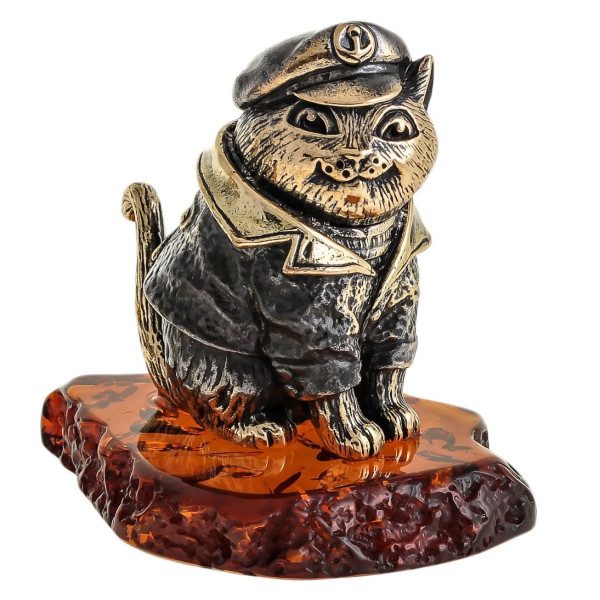 Фигурка из бронзы и янтаря "Кот Капитан" №1703K Фигурка из бронзы и янтаря "Кот Капитан" №1703K