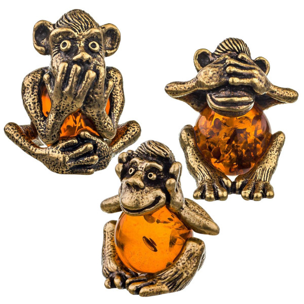 Набор фигурок из бронзы и янтаря "Не слышу, не вижу, не скажу" №1571K Набор фигурок из бронзы и янтаря "Не слышу, не вижу, не скажу" №1571K