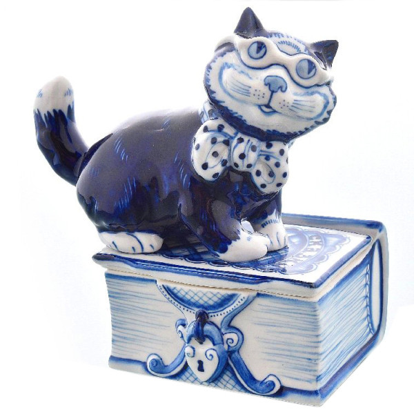 Фигурка-шкатулка Гжель "Кот ученый" №CHSH010 Фигурка-шкатулка Гжель "Кот ученый" №CHSH010