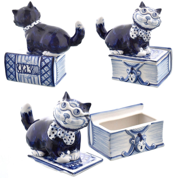 Фигурка-шкатулка Гжель "Кот ученый" №CHSH010