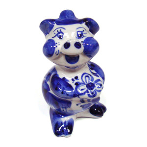 Фигурка гжель "Свинка с цветком" №2786