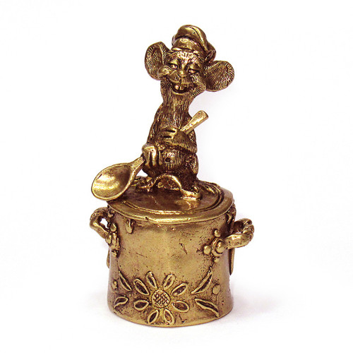 Колокольчик из бронзы "Мышь с ложкой на кастрюле" №K0029