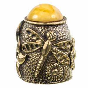 Наперсток из бронзы и янтаря "Бабочка и стрекоза с кабошоном" №711B