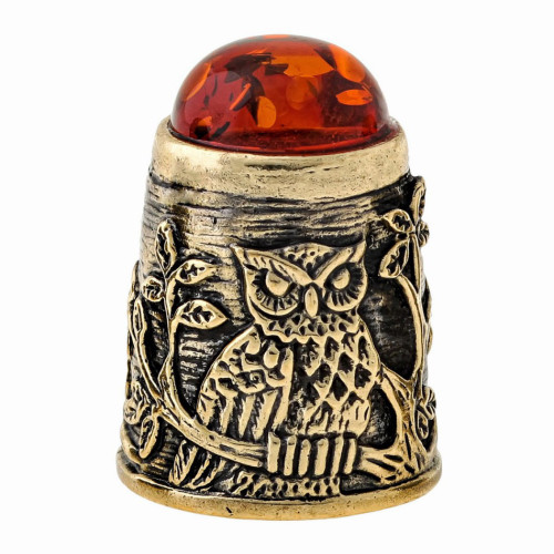 Наперсток из бронзы и янтаря "Сова в лесу с кобошоном" №1472-K