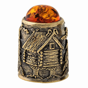 Наперсток из бронзы и янтаря "Избушка с кабошоном" №1476-K