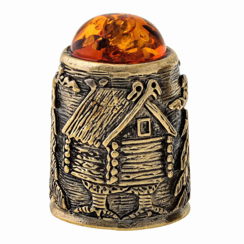 Наперсток из бронзы и янтаря "Избушка с кабошоном" №1476-K