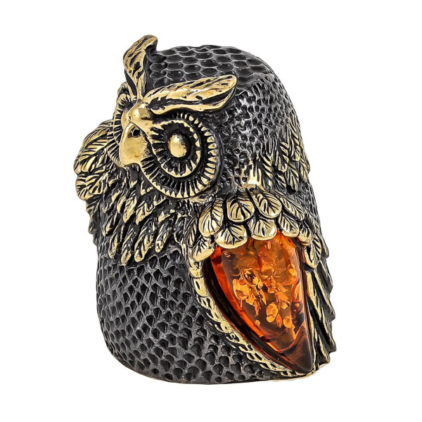 Наперсток из бронзы и янтаря "Сова Сипуха" №1805K