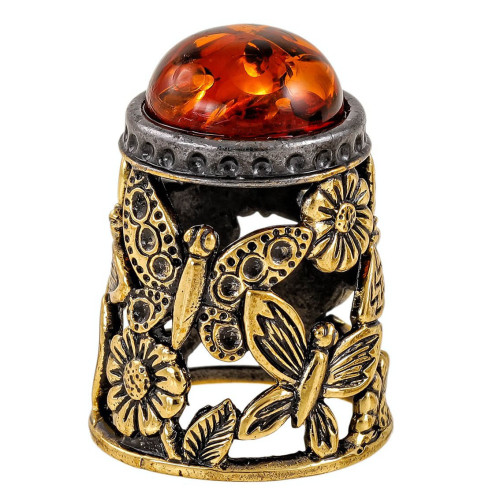 Наперсток из бронзы и янтаря "Бабочки с кабошоном" №2087K