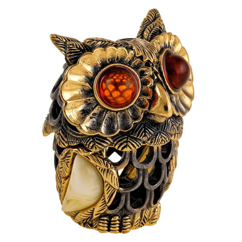 Наперсток из бронзы и янтаря "Совушка пушистик" №2275B