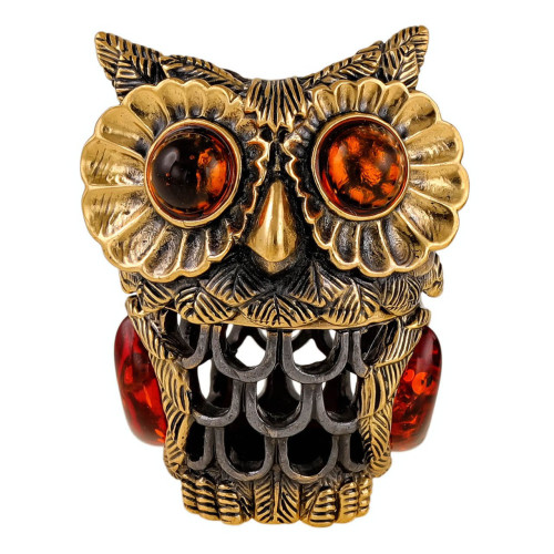 Наперсток из бронзы и янтаря "Совушка пушистик" №2275K