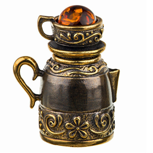 Наперсток из бронзы и янтаря "Чайник с чашкой магнит" №734K