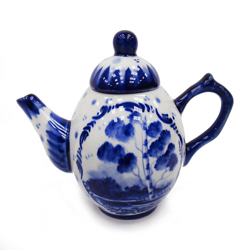 Чайник сувенирный Гжель "Овальный Тематика" №T049