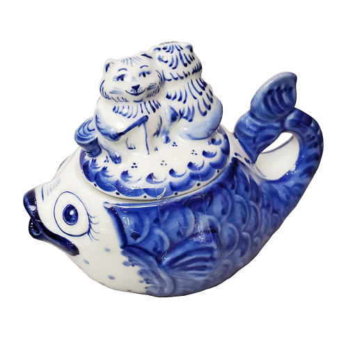 Чайник сувенирный Гжель "Рыба с котами" №T115