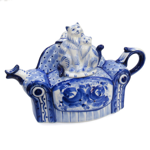 Чайник сувенирный Гжель "Коты на диване" №T130