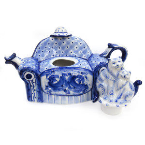 Чайник сувенирный Гжель "Коты на диване" №T130