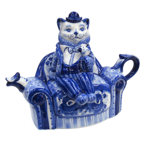 Чайник сувенирный Гжель "Кот на диване" №T131