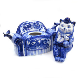 Чайник сувенирный Гжель "Кот на диване" №T131