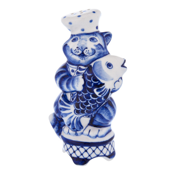 Солонка Гжель "Кот с рыбой" №CHP052 Солонка Гжель "Кот с рыбой" №CHP052